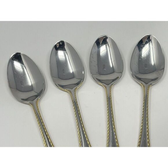 Oneida GOLDEN BELMONT Stainless Rope Edge Gold Accent Teaspoons 6” Set Of 4 - Picture 4 of 7
